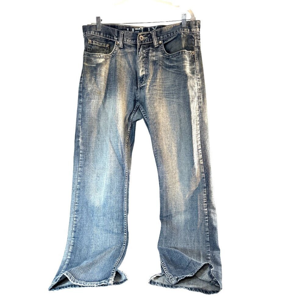 Helix Slim Mens Jeans Med Wash Blue Five Pocket Tapered Split Size 36/32